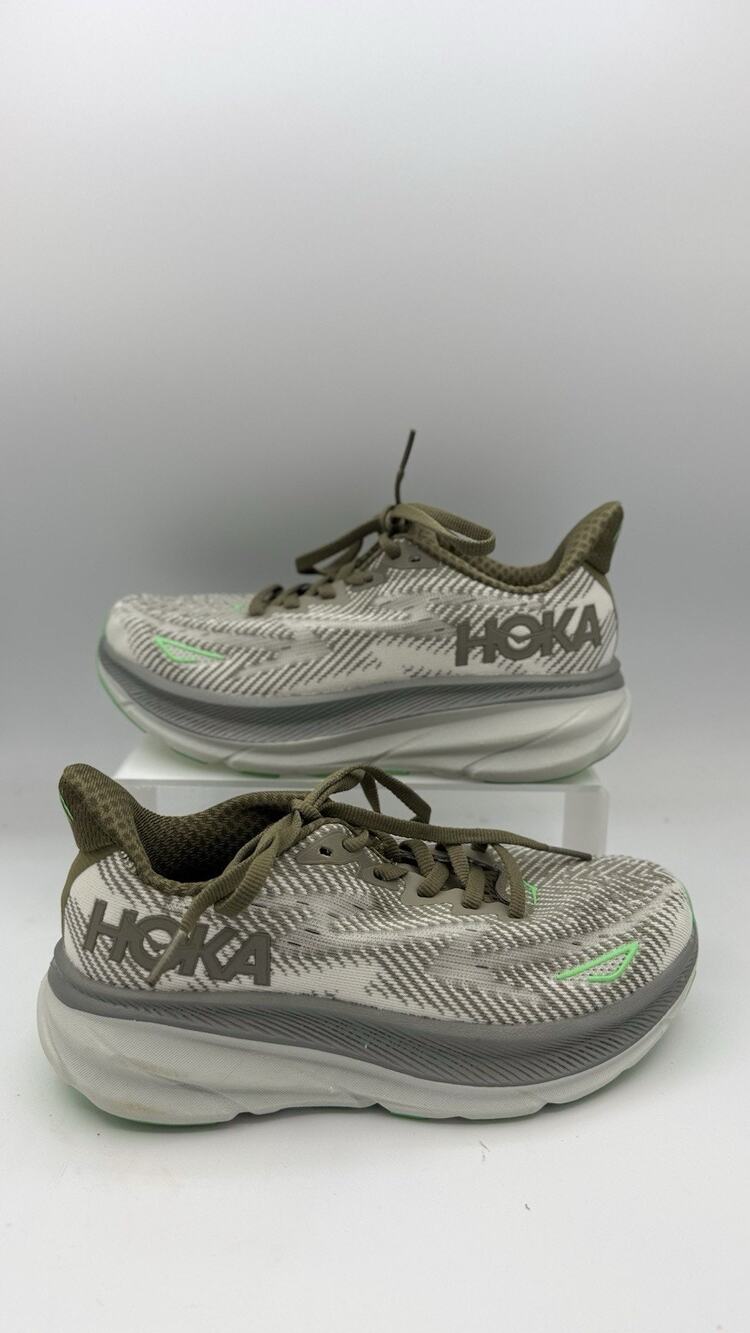 HOKA Clifton 5B Youth Low Top Lace-Up Athletic Sneakers Gray/Green Geometric